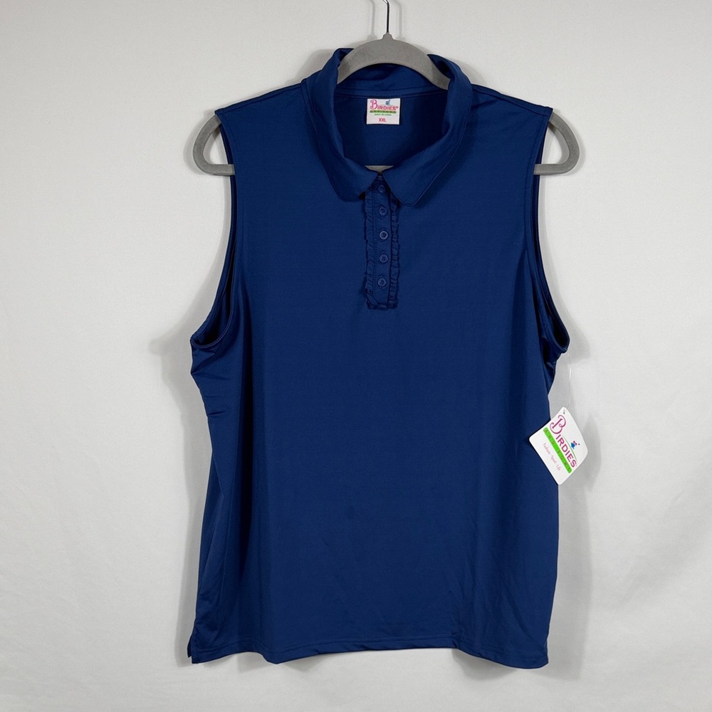 Birdies and Bows Sleeveless Navy Polo Golf Blouse Womens Size XXL. Ruffle detail